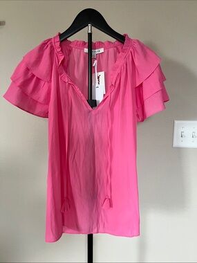 Pink Ruffle Sleeve V-Neck Blouse